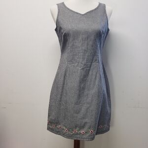 Vintage Sleeveless Gingham Check Mini Dress 8P Floral Embroidery Hemline 90s